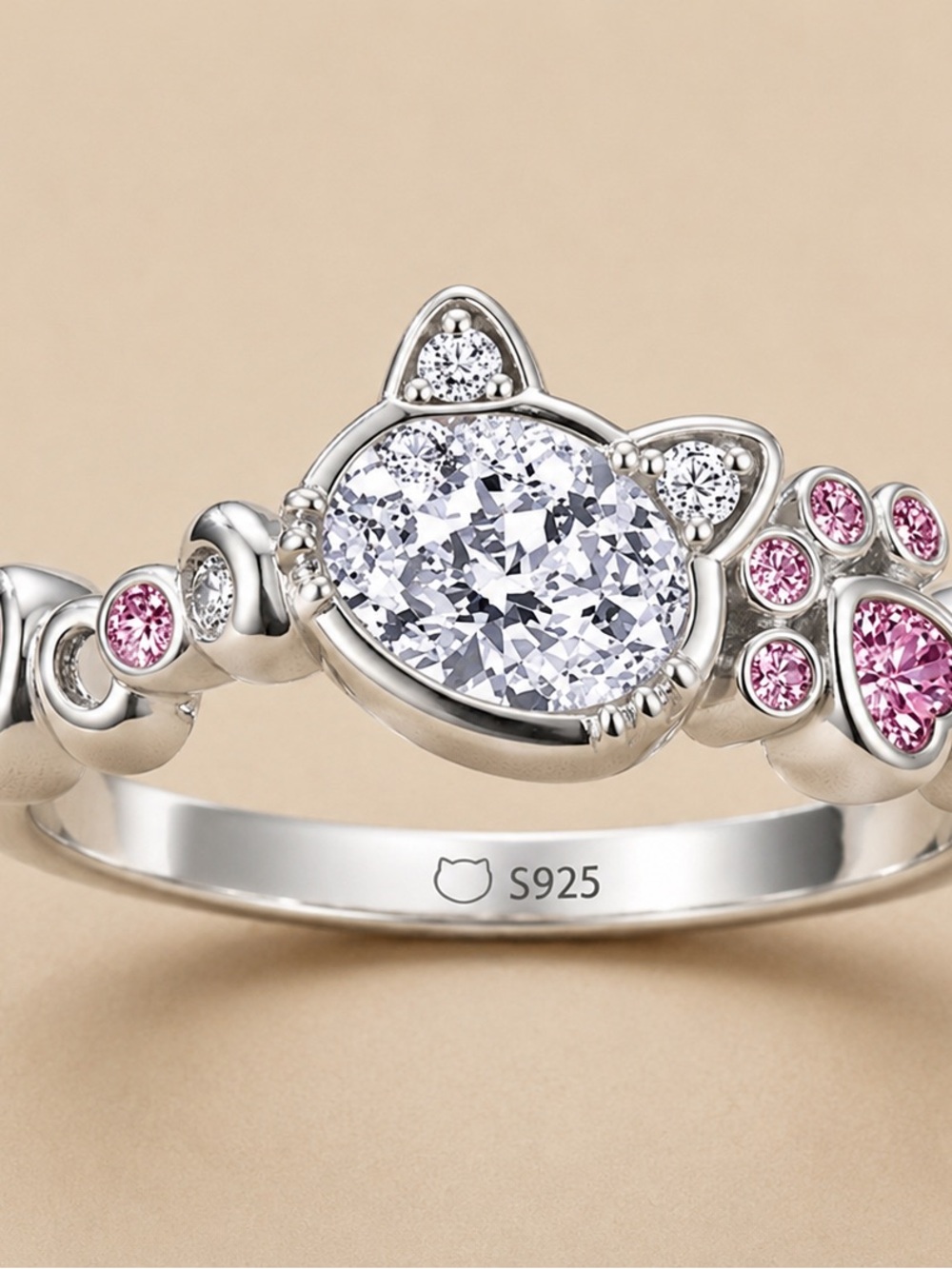 Sterling S925 Cat Paw Ring with Pink Accents